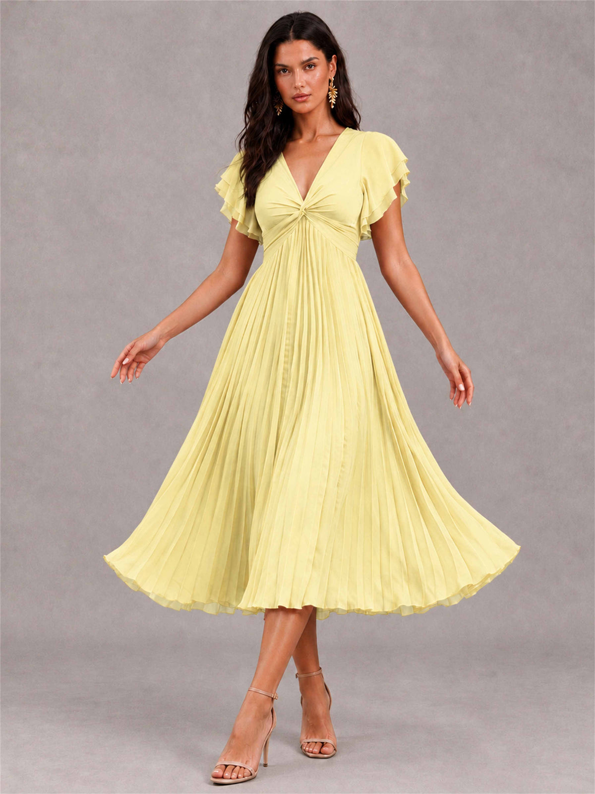 V-Neck A-Line Pleated Chiffon Tea-Length Wedding Guest Dress with Flutter Sleeves