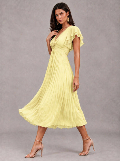 V-Neck A-Line Pleated Chiffon Tea-Length Wedding Guest Dress with Flutter Sleeves