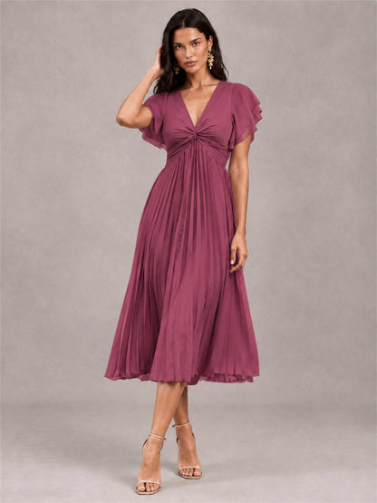 V-Neck A-Line Pleated Chiffon Tea-Length Wedding Guest Dress with Flutter Sleeves