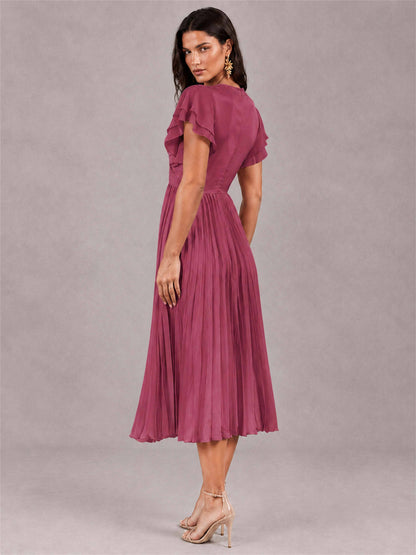 V-Neck A-Line Pleated Chiffon Tea-Length Wedding Guest Dress with Flutter Sleeves