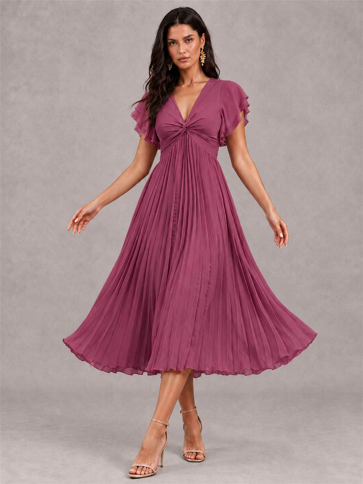 V-Neck A-Line Pleated Chiffon Tea-Length Wedding Guest Dress with Flutter Sleeves