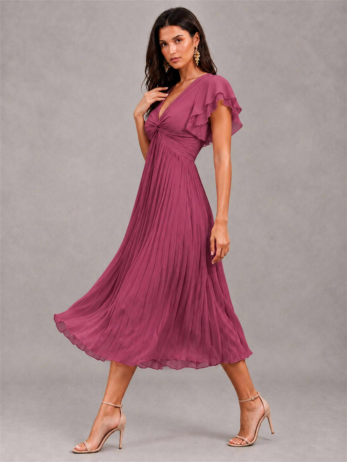 V-Neck A-Line Pleated Chiffon Tea-Length Wedding Guest Dress with Flutter Sleeves