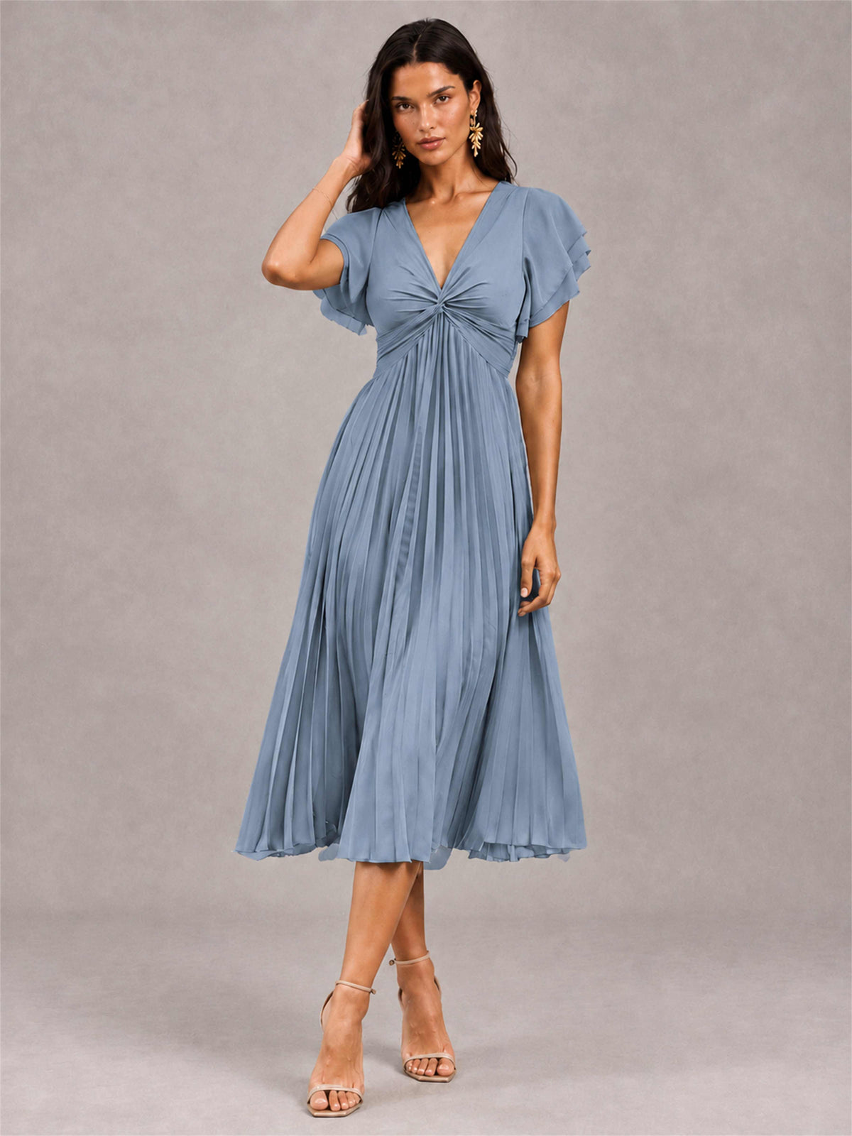 V-Neck A-Line Pleated Chiffon Tea-Length Wedding Guest Dress with Flutter Sleeves
