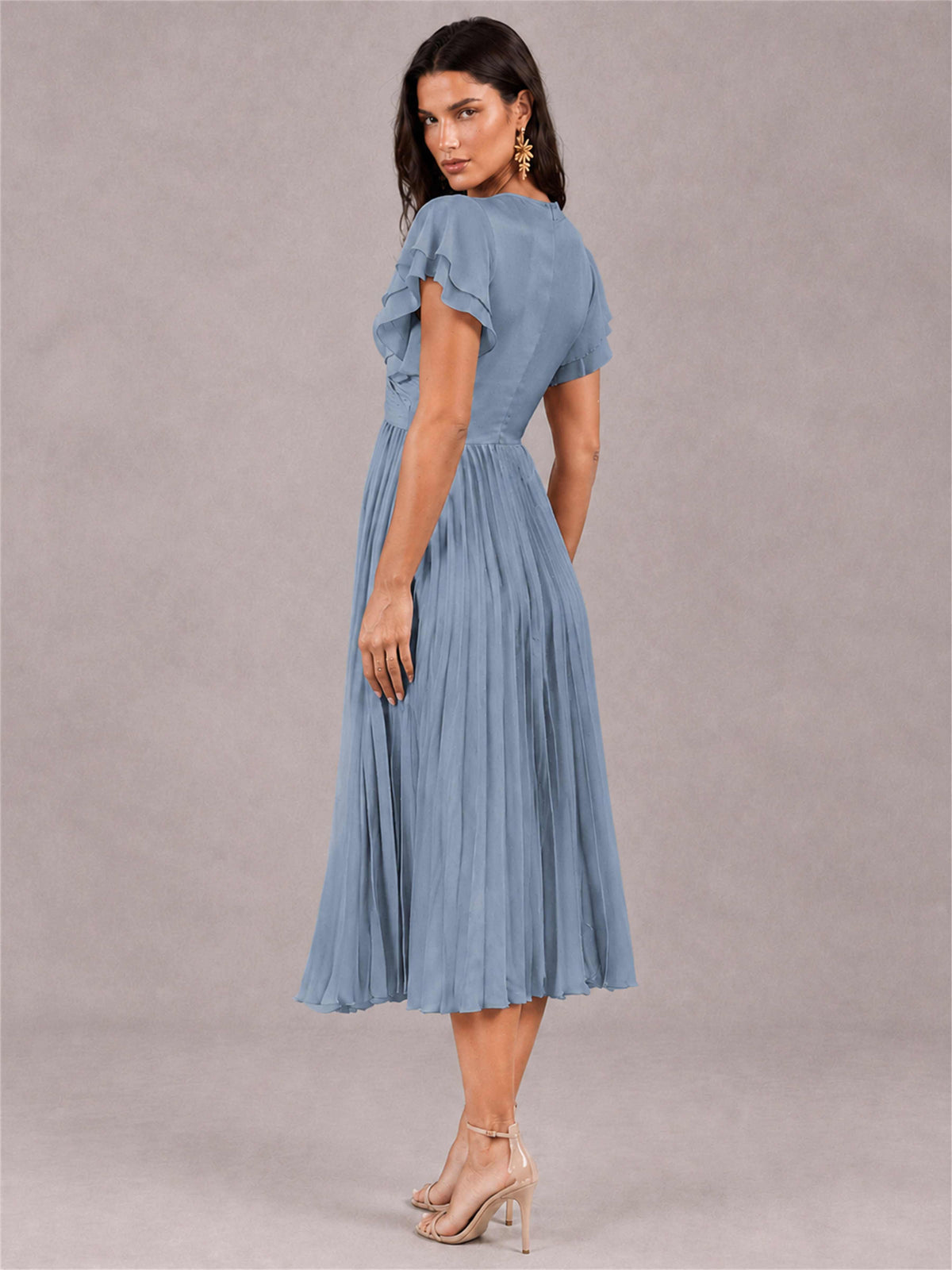V-Neck A-Line Pleated Chiffon Tea-Length Wedding Guest Dress with Flutter Sleeves