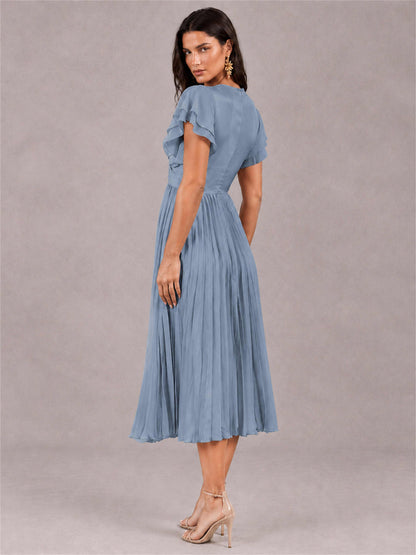 V-Neck A-Line Pleated Chiffon Tea-Length Wedding Guest Dress with Flutter Sleeves