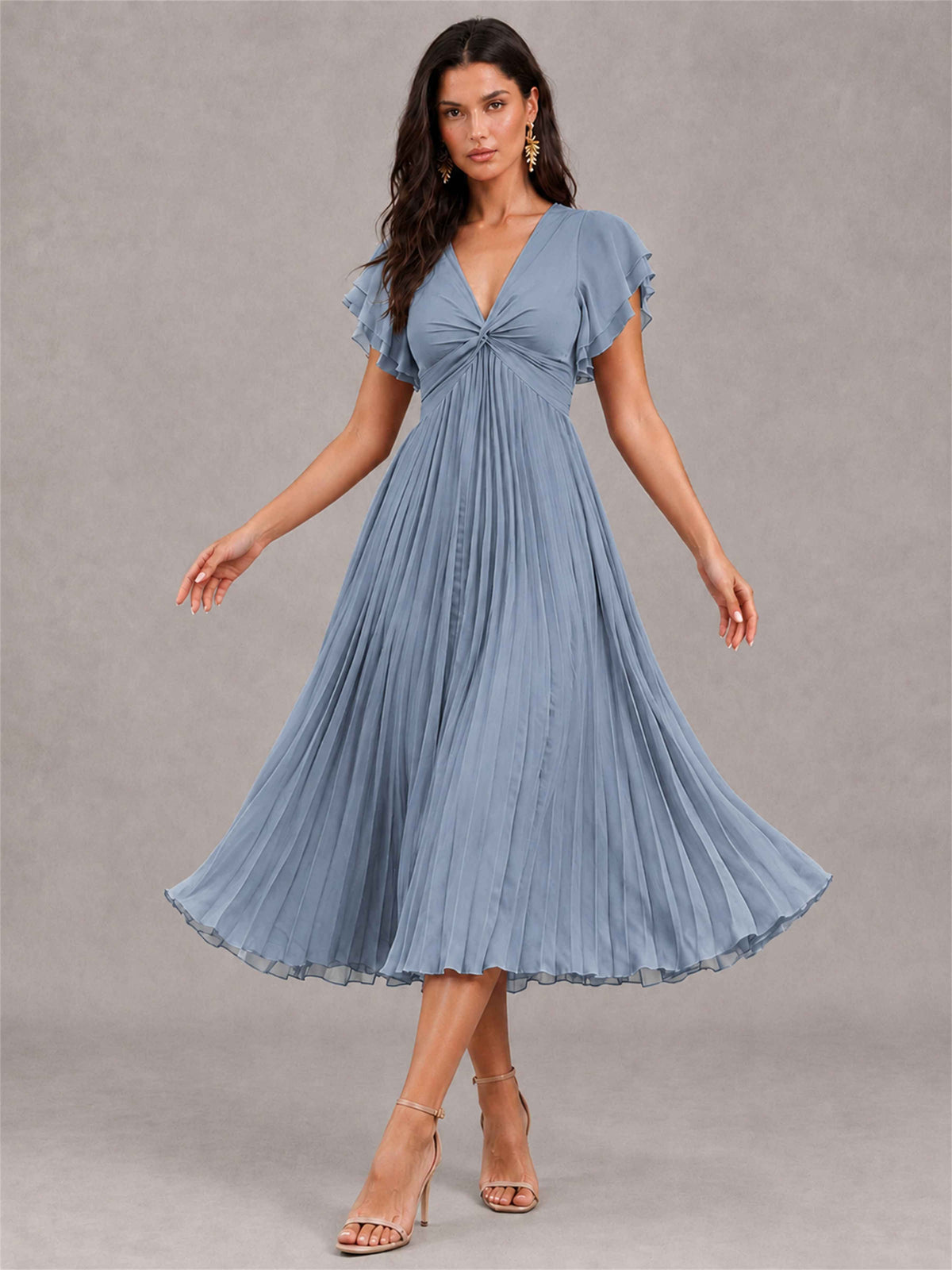 V-Neck A-Line Pleated Chiffon Tea-Length Wedding Guest Dress with Flutter Sleeves