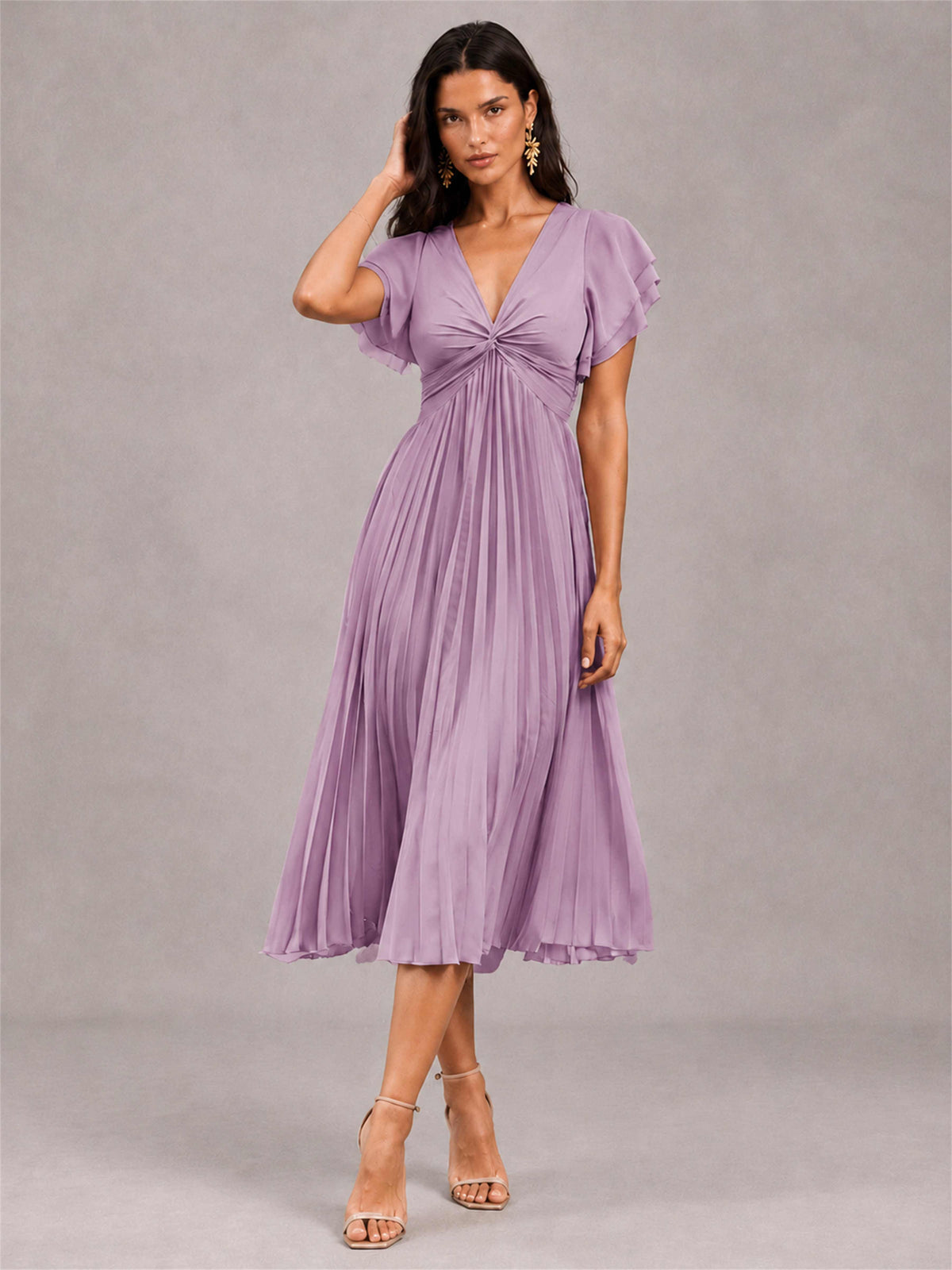V-Neck A-Line Pleated Chiffon Tea-Length Wedding Guest Dress with Flutter Sleeves
