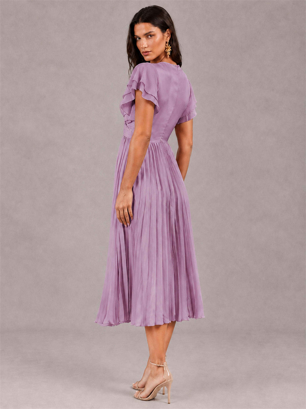 V-Neck A-Line Pleated Chiffon Tea-Length Wedding Guest Dress with Flutter Sleeves
