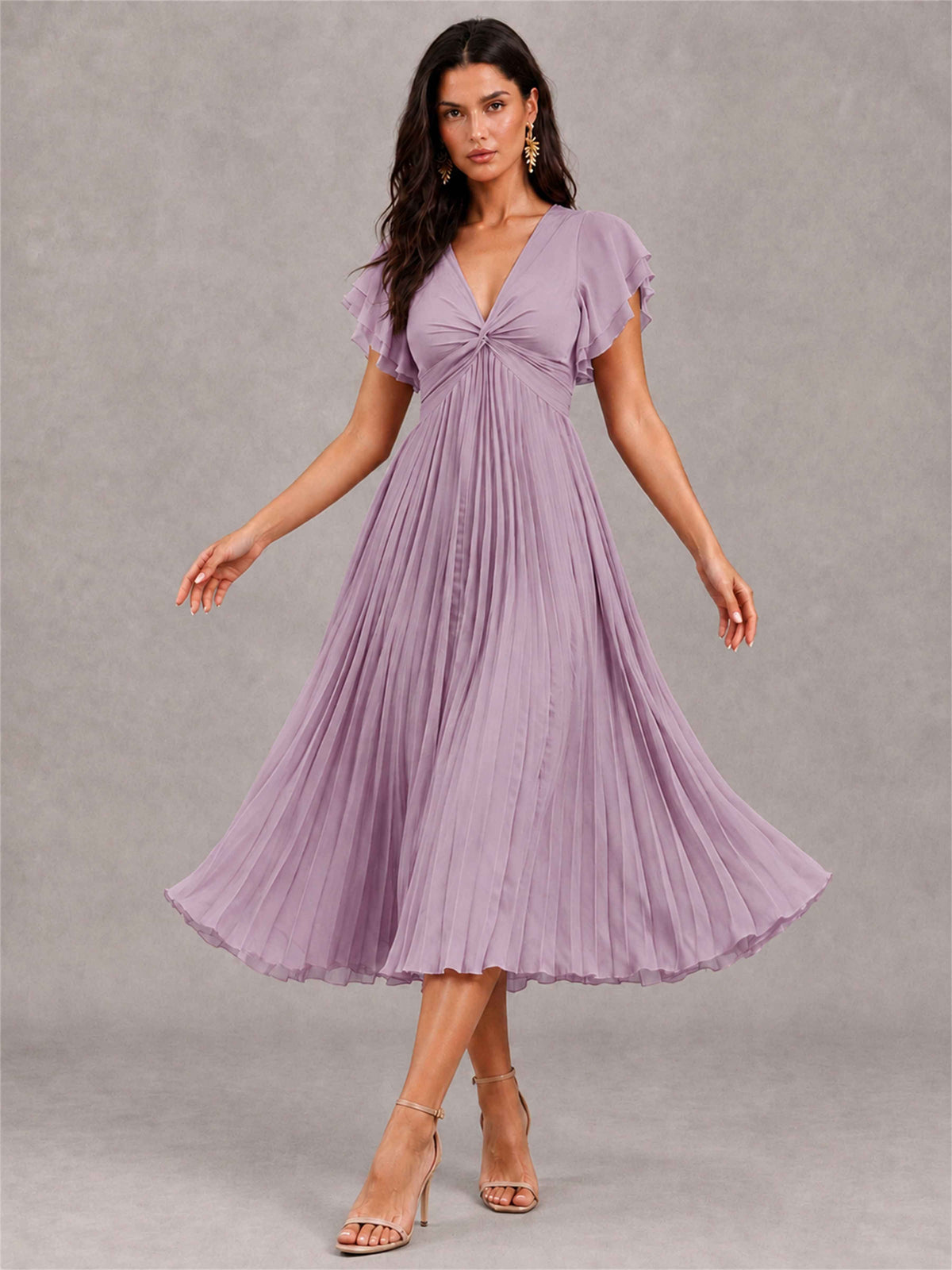 V-Neck A-Line Pleated Chiffon Tea-Length Wedding Guest Dress with Flutter Sleeves