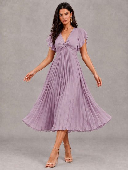 V-Neck A-Line Pleated Chiffon Tea-Length Wedding Guest Dress with Flutter Sleeves