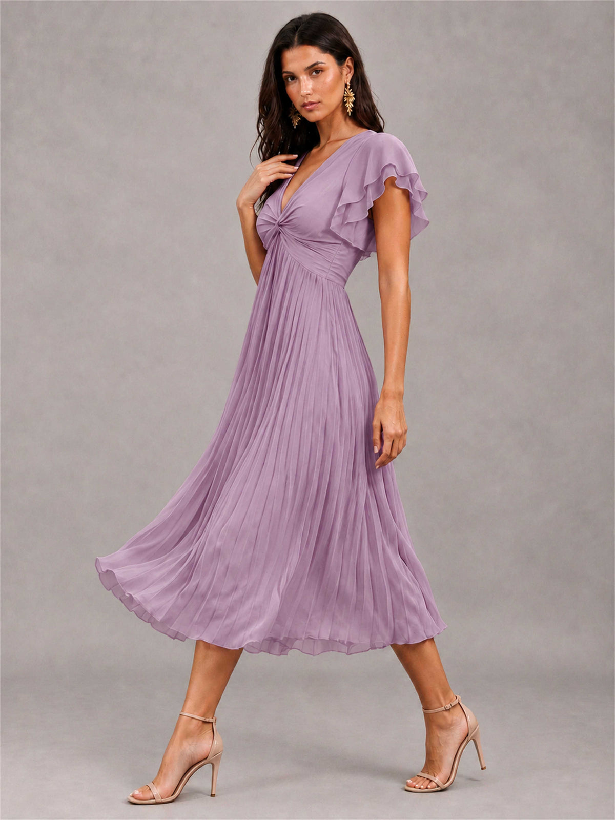 V-Neck A-Line Pleated Chiffon Tea-Length Wedding Guest Dress with Flutter Sleeves