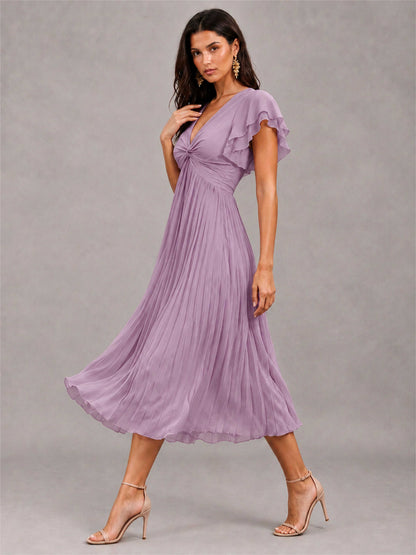 V-Neck A-Line Pleated Chiffon Tea-Length Wedding Guest Dress with Flutter Sleeves