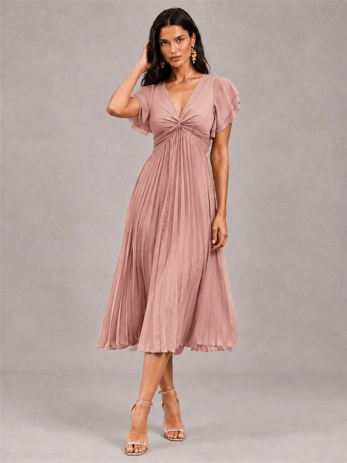 V-Neck A-Line Pleated Chiffon Tea-Length Wedding Guest Dress with Flutter Sleeves