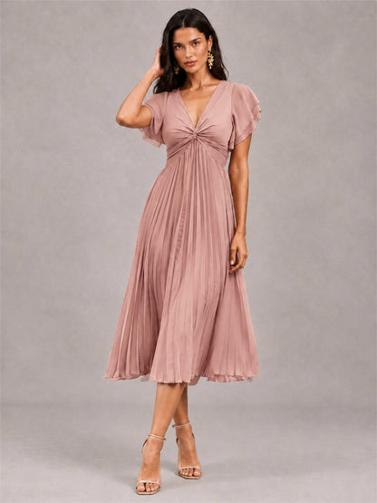 V-Neck A-Line Pleated Chiffon Tea-Length Wedding Guest Dress with Flutter Sleeves