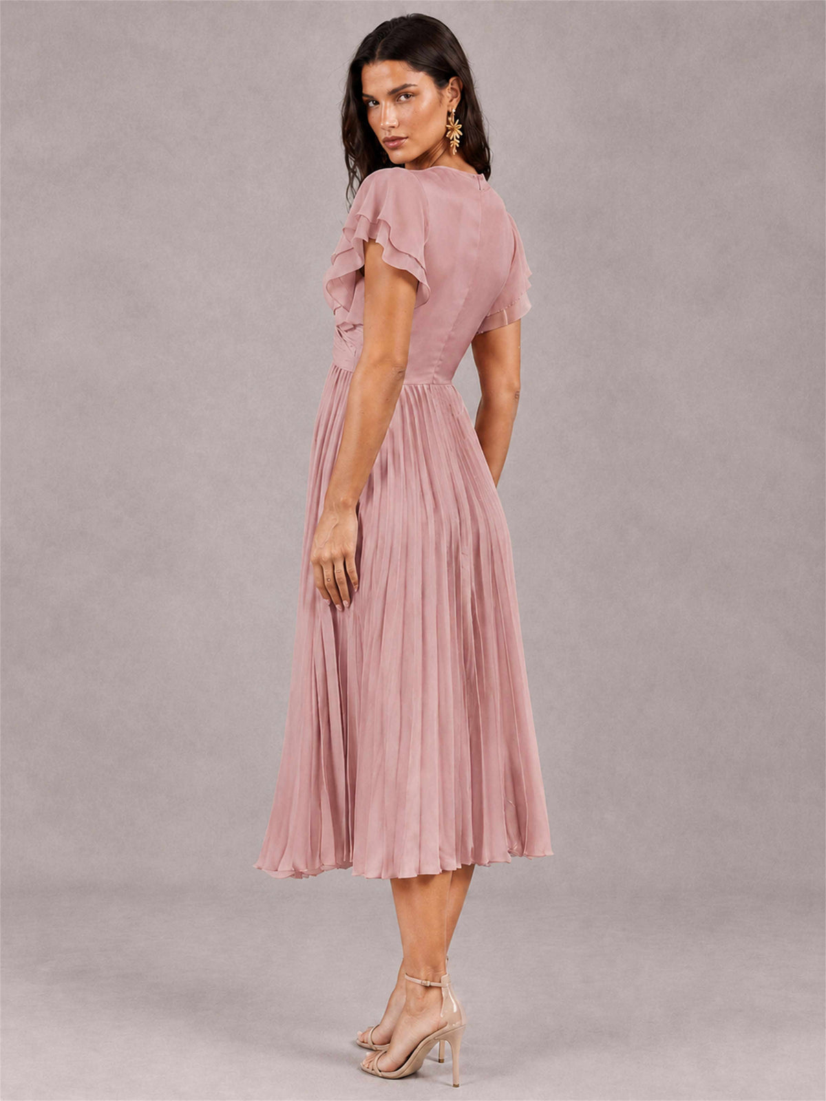 V-Neck A-Line Pleated Chiffon Tea-Length Wedding Guest Dress with Flutter Sleeves