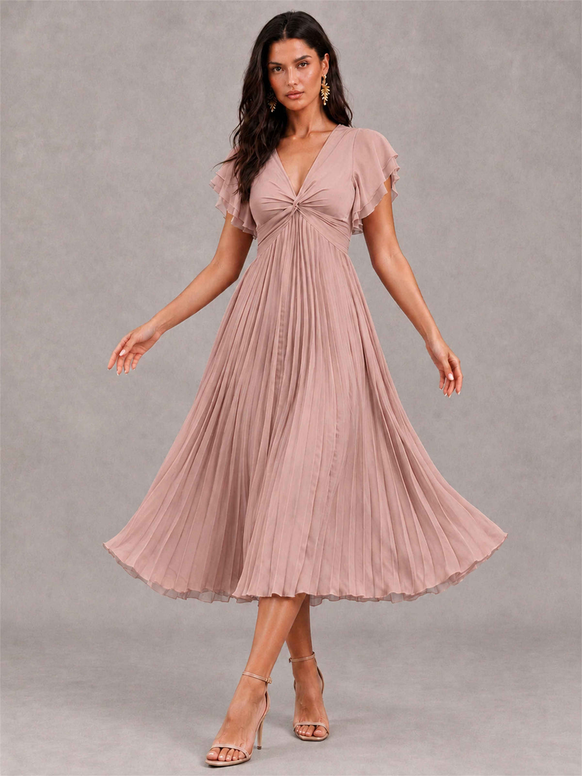 V-Neck A-Line Pleated Chiffon Tea-Length Wedding Guest Dress with Flutter Sleeves