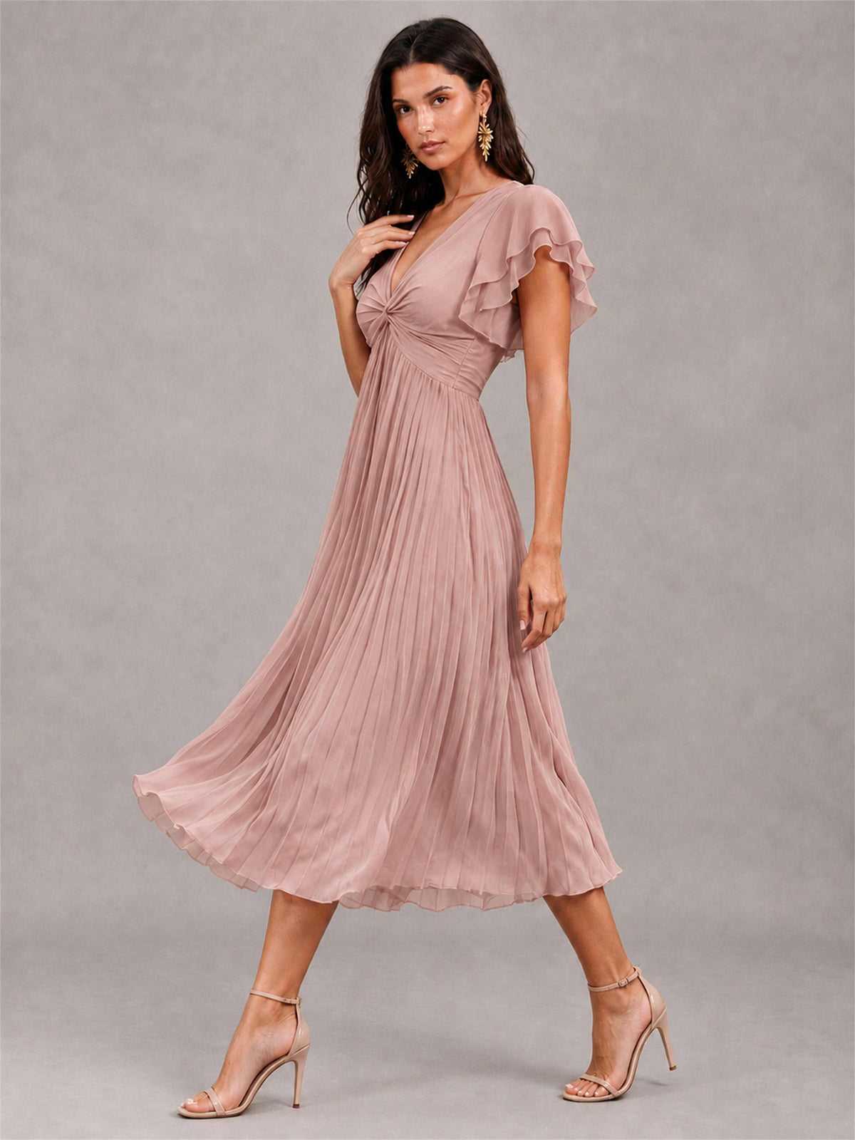 V-Neck A-Line Pleated Chiffon Tea-Length Wedding Guest Dress with Flutter Sleeves
