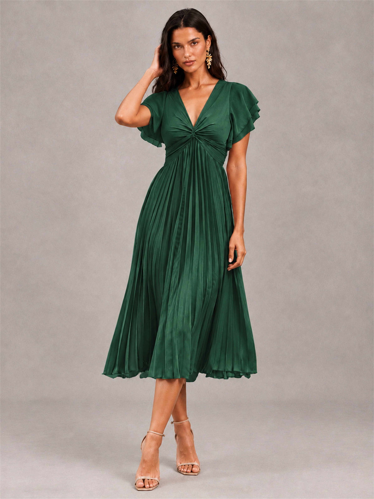 V-Neck A-Line Pleated Chiffon Tea-Length Wedding Guest Dress with Flutter Sleeves