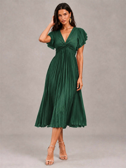 V-Neck A-Line Pleated Chiffon Tea-Length Wedding Guest Dress with Flutter Sleeves