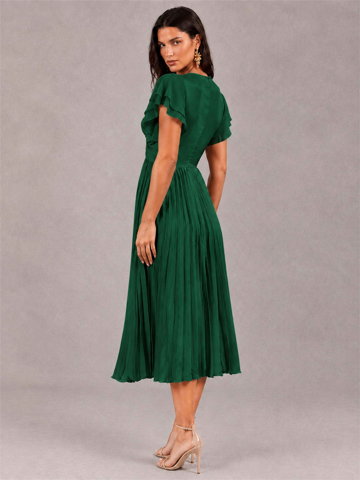 V-Neck A-Line Pleated Chiffon Tea-Length Wedding Guest Dress with Flutter Sleeves