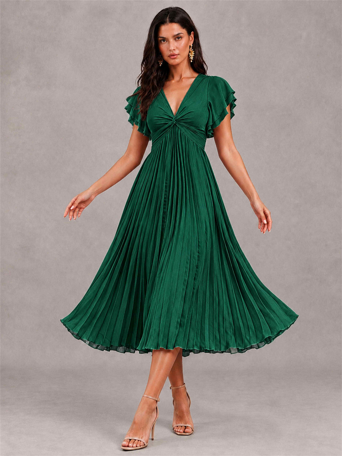 V-Neck A-Line Pleated Chiffon Tea-Length Wedding Guest Dress with Flutter Sleeves