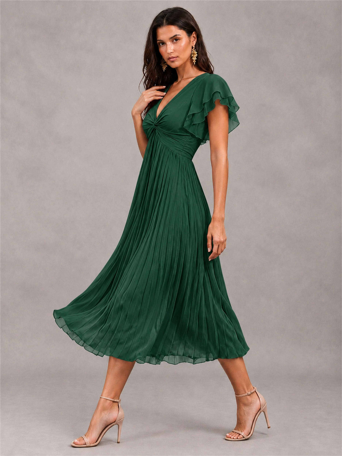 V-Neck A-Line Pleated Chiffon Tea-Length Wedding Guest Dress with Flutter Sleeves