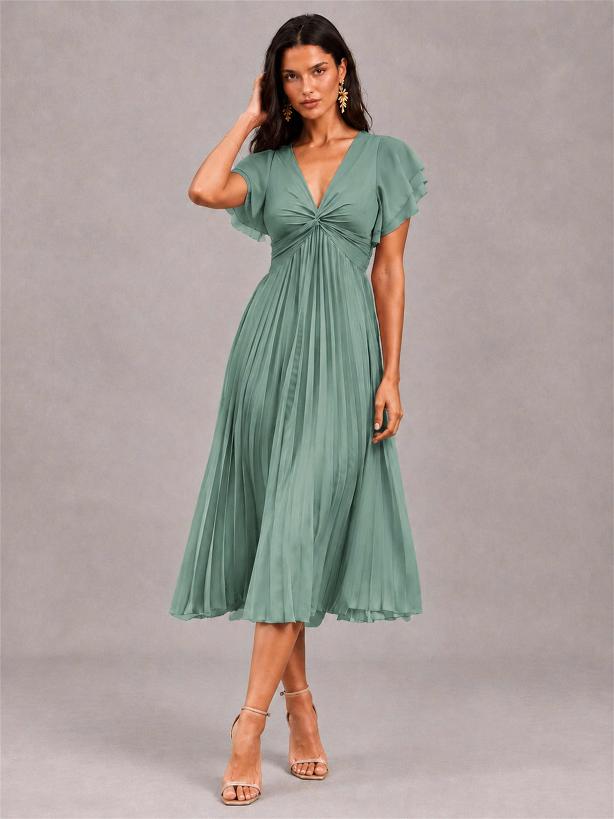 V-Neck A-Line Pleated Chiffon Tea-Length Wedding Guest Dress with Flutter Sleeves