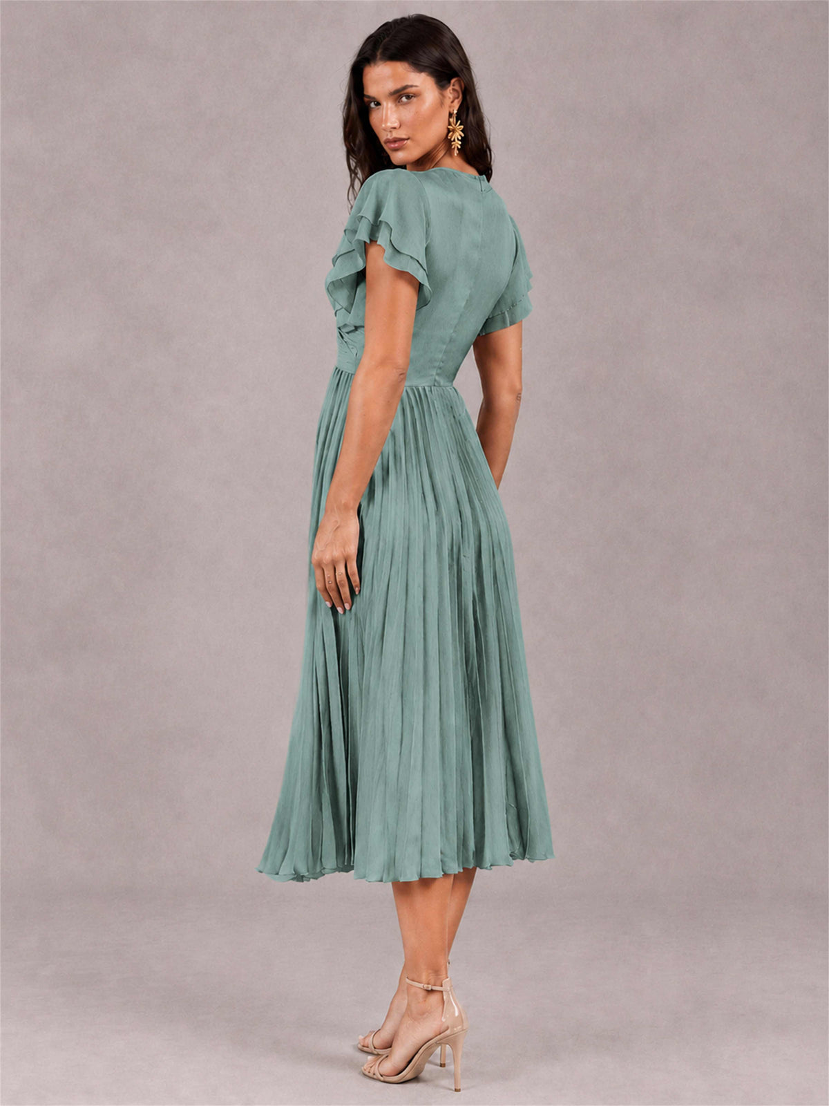 V-Neck A-Line Pleated Chiffon Tea-Length Wedding Guest Dress with Flutter Sleeves