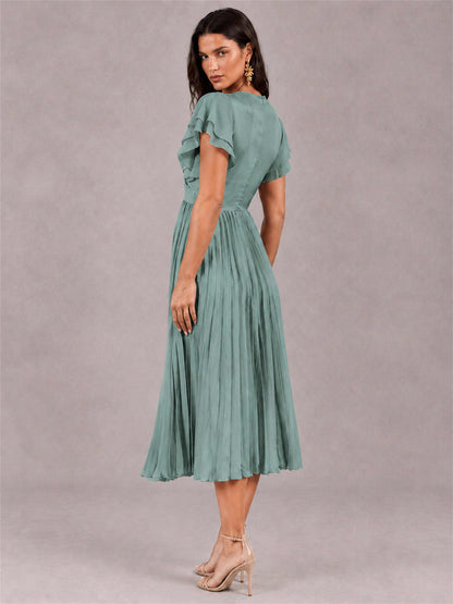 V-Neck A-Line Pleated Chiffon Tea-Length Wedding Guest Dress with Flutter Sleeves