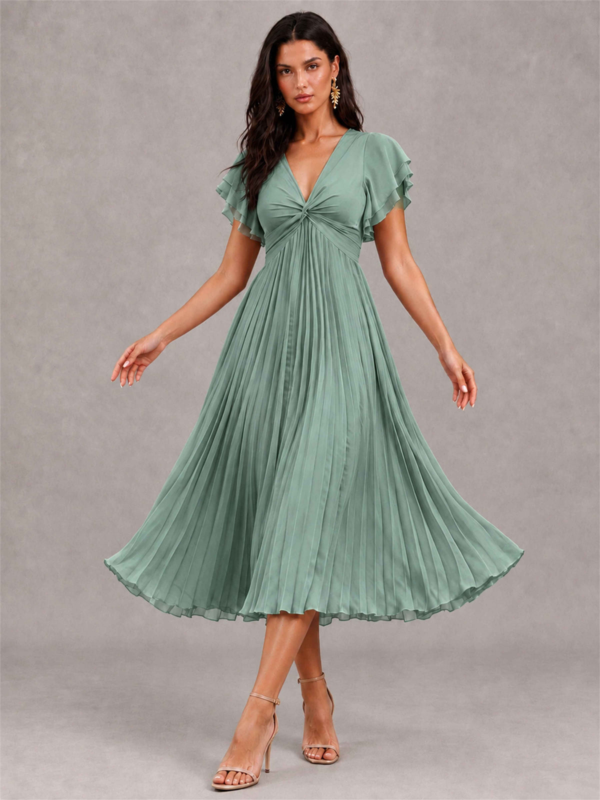 V-Neck A-Line Pleated Chiffon Tea-Length Wedding Guest Dress with Flutter Sleeves