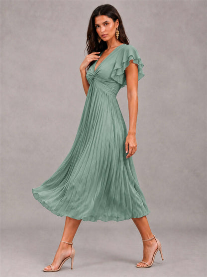V-Neck A-Line Pleated Chiffon Tea-Length Wedding Guest Dress with Flutter Sleeves