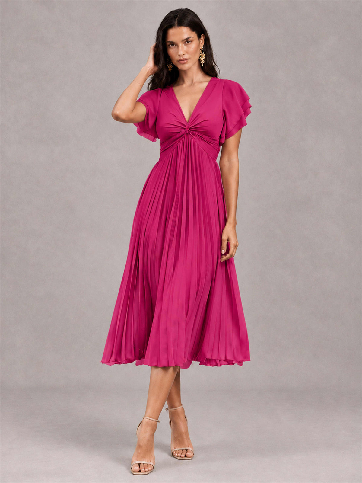 V-Neck A-Line Pleated Chiffon Tea-Length Wedding Guest Dress with Flutter Sleeves
