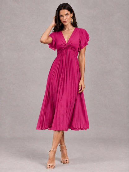 V-Neck A-Line Pleated Chiffon Tea-Length Wedding Guest Dress with Flutter Sleeves
