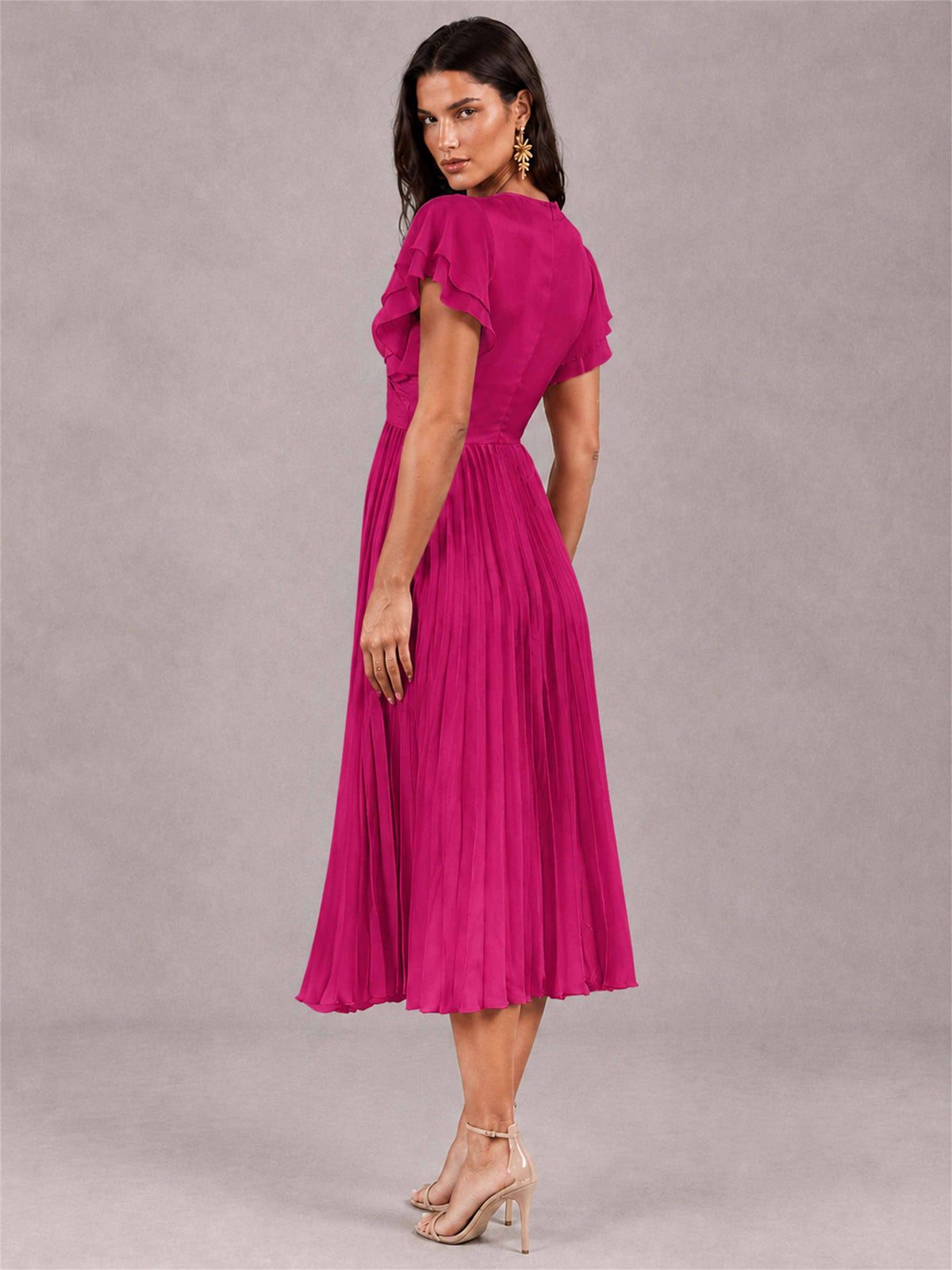 V-Neck A-Line Pleated Chiffon Tea-Length Wedding Guest Dress with Flutter Sleeves