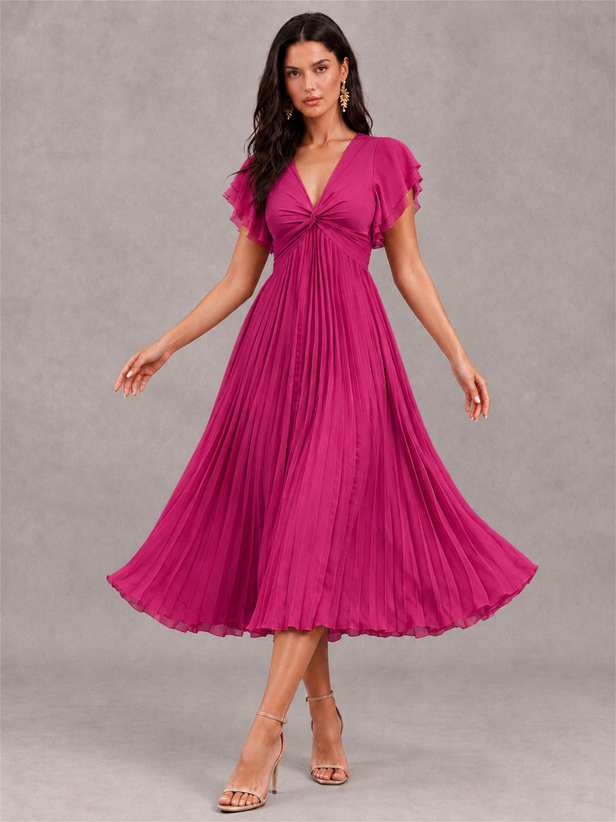 V-Neck A-Line Pleated Chiffon Tea-Length Wedding Guest Dress with Flutter Sleeves