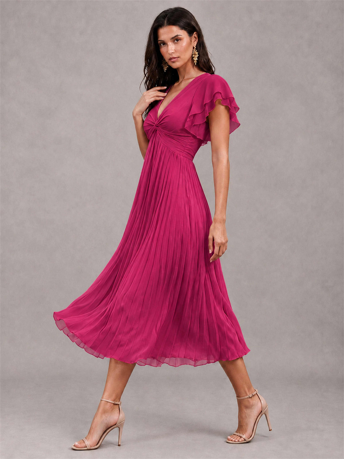 V-Neck A-Line Pleated Chiffon Tea-Length Wedding Guest Dress with Flutter Sleeves