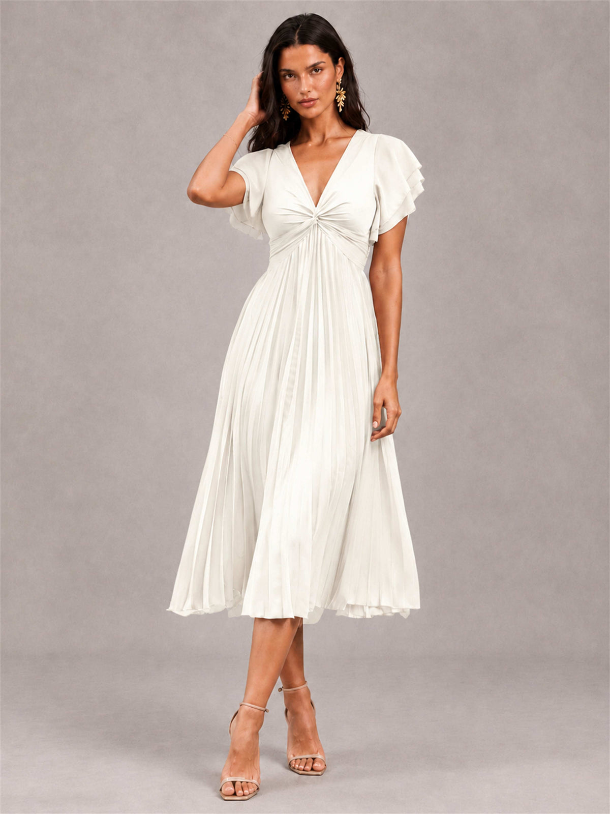 V-Neck A-Line Pleated Chiffon Tea-Length Wedding Guest Dress with Flutter Sleeves