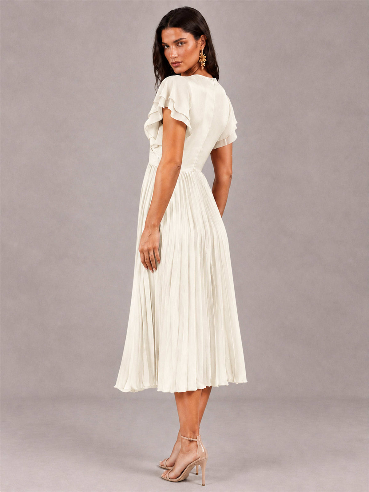 V-Neck A-Line Pleated Chiffon Tea-Length Wedding Guest Dress with Flutter Sleeves
