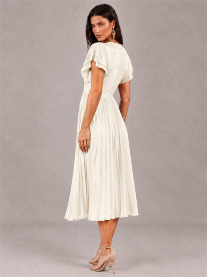 V-Neck A-Line Pleated Chiffon Tea-Length Wedding Guest Dress with Flutter Sleeves