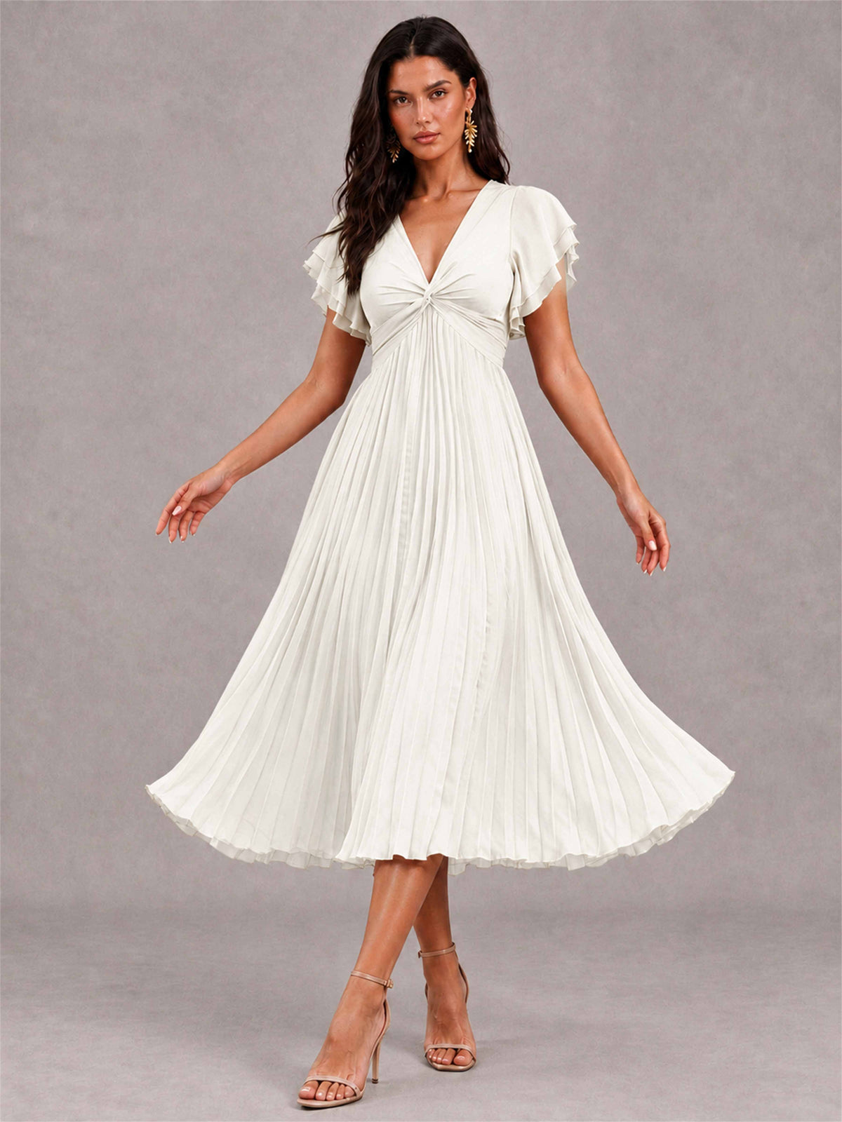 V-Neck A-Line Pleated Chiffon Tea-Length Wedding Guest Dress with Flutter Sleeves