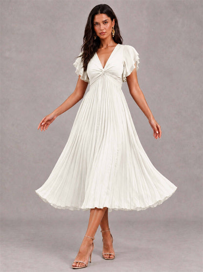 V-Neck A-Line Pleated Chiffon Tea-Length Wedding Guest Dress with Flutter Sleeves