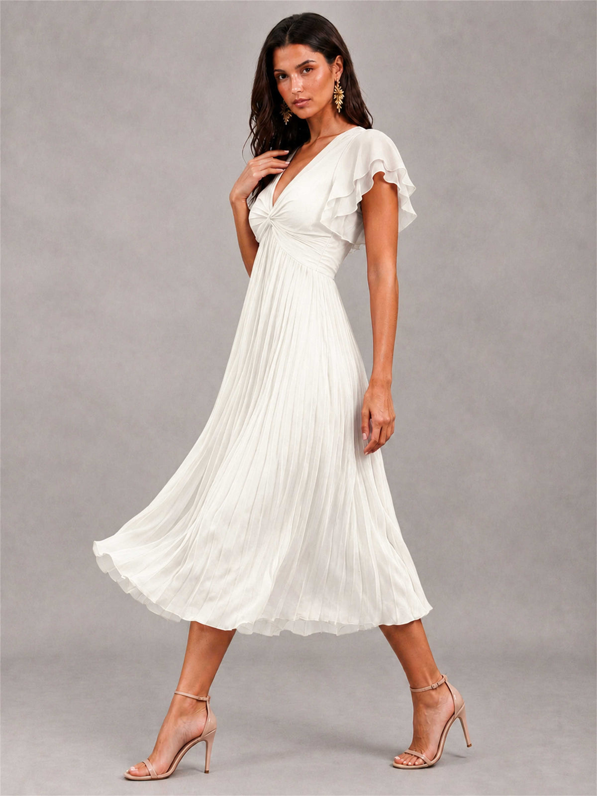 V-Neck A-Line Pleated Chiffon Tea-Length Wedding Guest Dress with Flutter Sleeves
