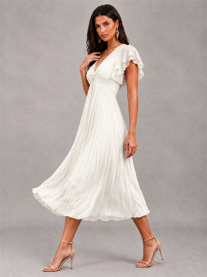 V-Neck A-Line Pleated Chiffon Tea-Length Wedding Guest Dress with Flutter Sleeves
