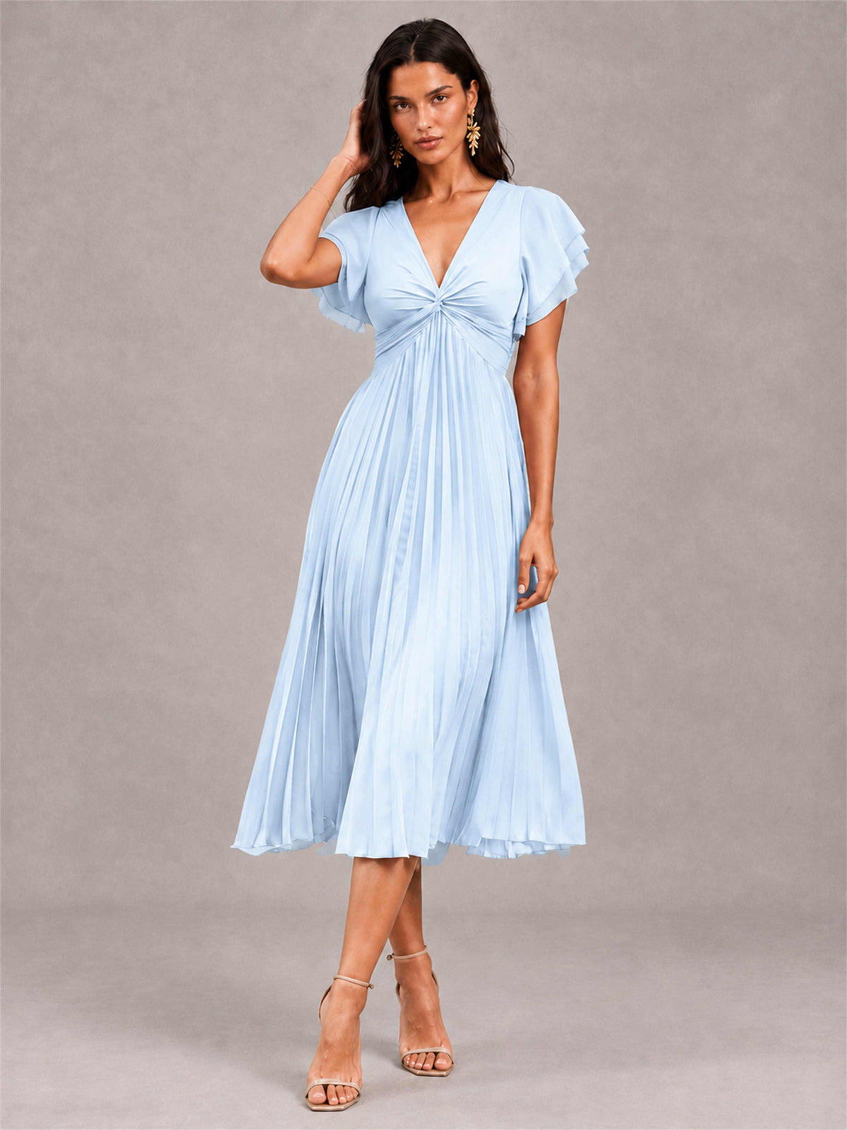 V-Neck A-Line Pleated Chiffon Tea-Length Wedding Guest Dress with Flutter Sleeves