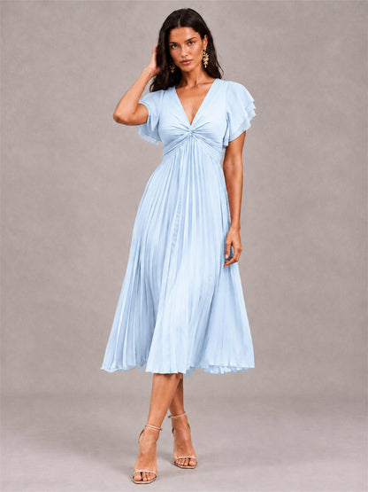 V-Neck A-Line Pleated Chiffon Tea-Length Wedding Guest Dress with Flutter Sleeves