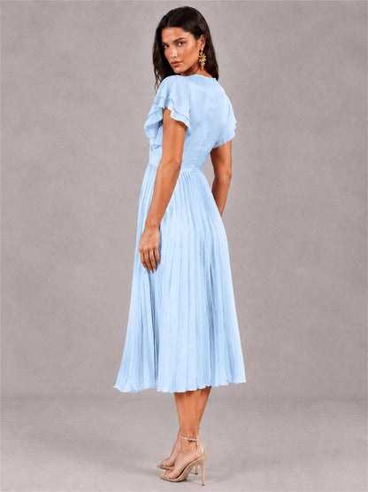 V-Neck A-Line Pleated Chiffon Tea-Length Wedding Guest Dress with Flutter Sleeves