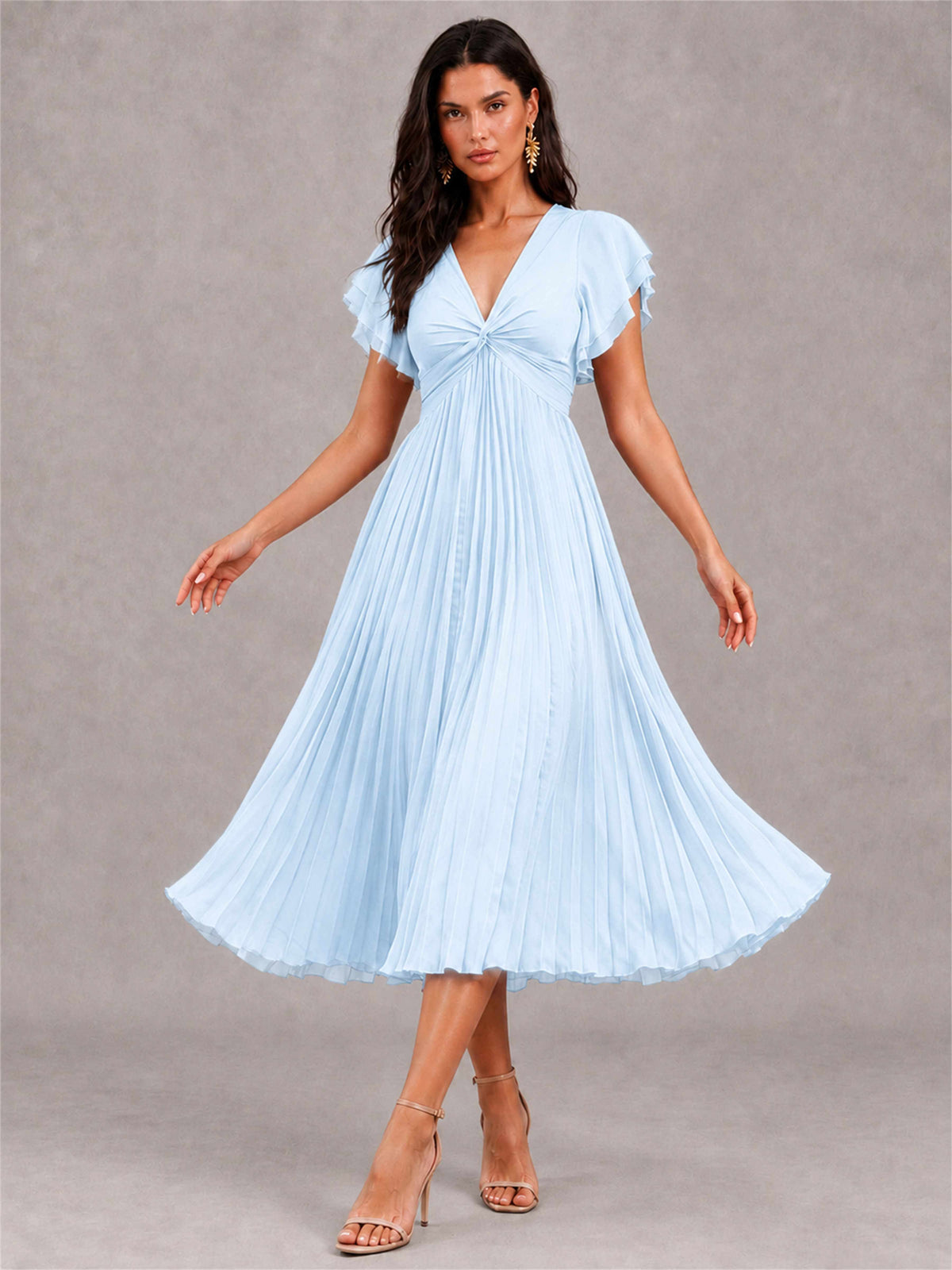 V-Neck A-Line Pleated Chiffon Tea-Length Wedding Guest Dress with Flutter Sleeves