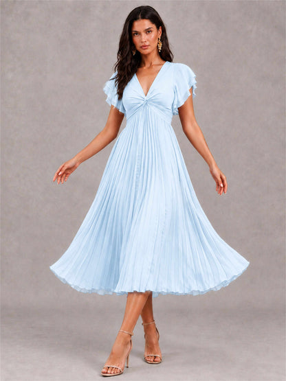 V-Neck A-Line Pleated Chiffon Tea-Length Wedding Guest Dress with Flutter Sleeves