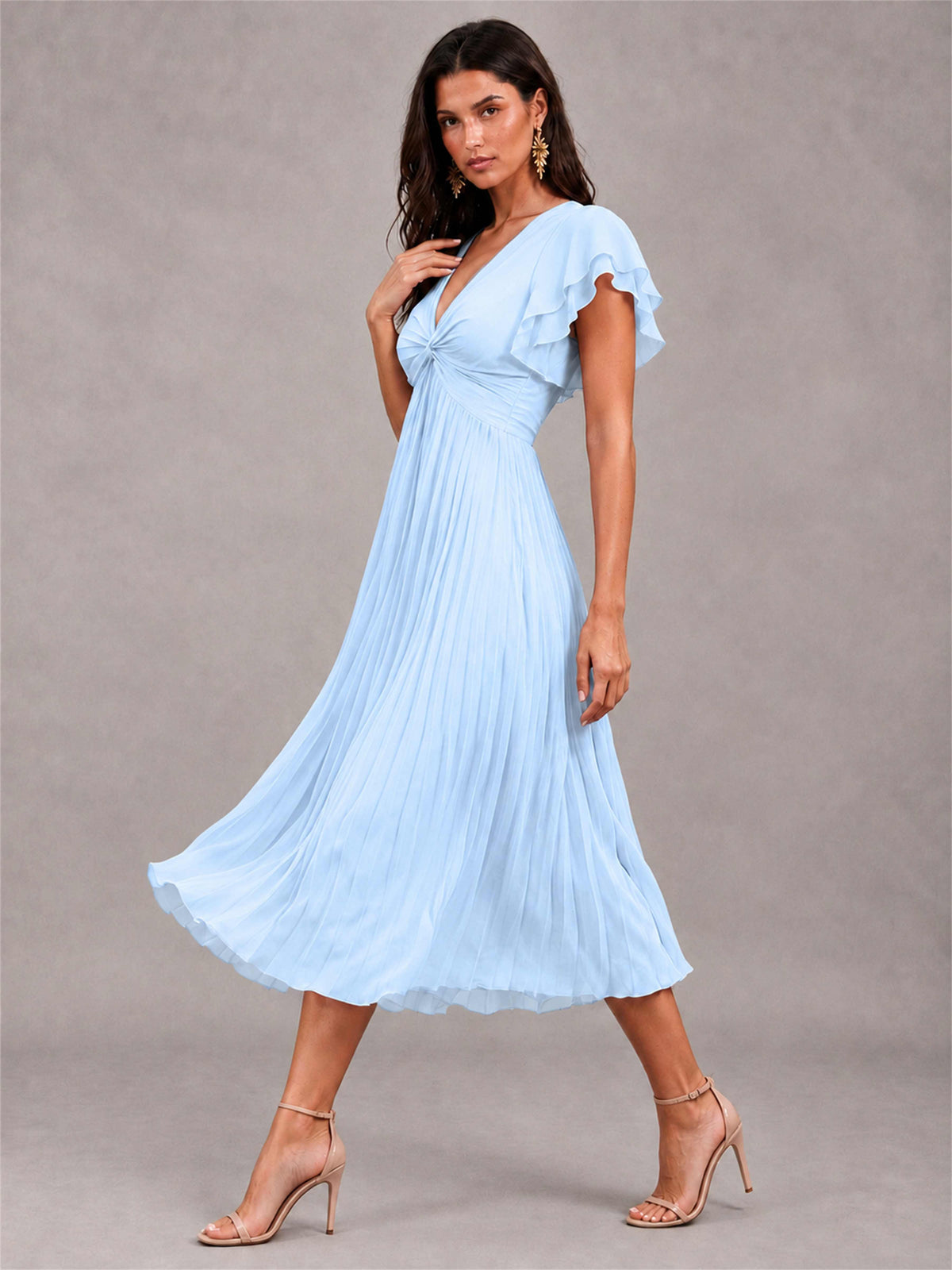 V-Neck A-Line Pleated Chiffon Tea-Length Wedding Guest Dress with Flutter Sleeves