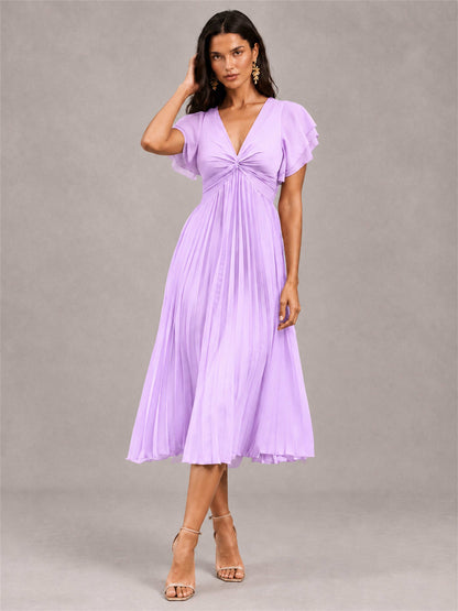 V-Neck A-Line Pleated Chiffon Tea-Length Wedding Guest Dress with Flutter Sleeves